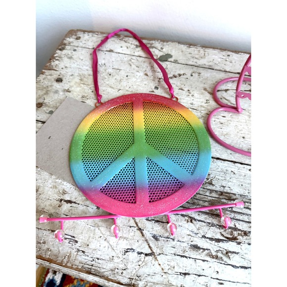 Pink Cat Earring Stand & Rainbow Peace Sign Jewelry Organizer Set Metal 2pc - Picture 3 of 6